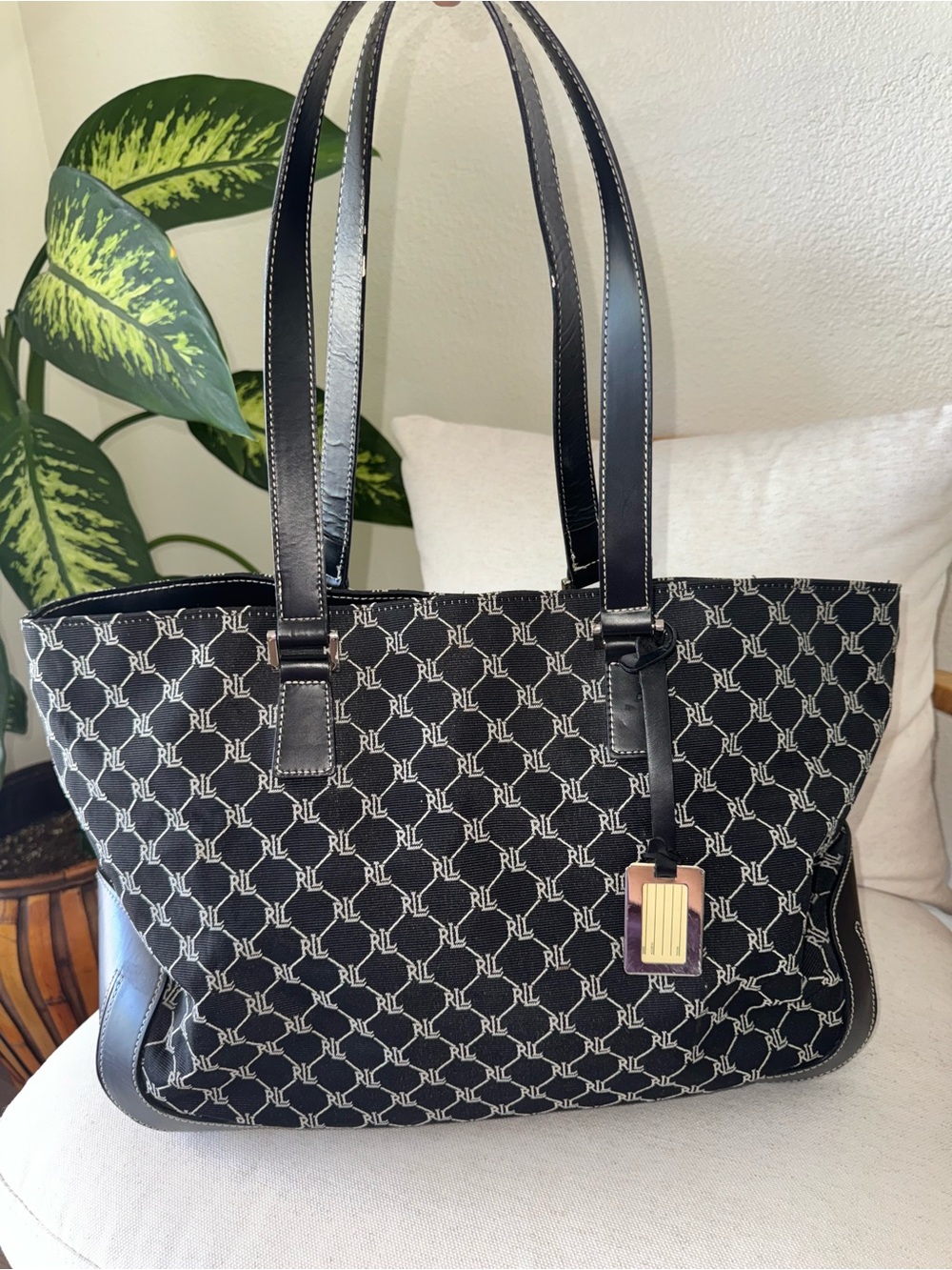 Lauren Ralph Lauren Black Monogram Jacquard Weekender Travel Tote Shoulder Purse